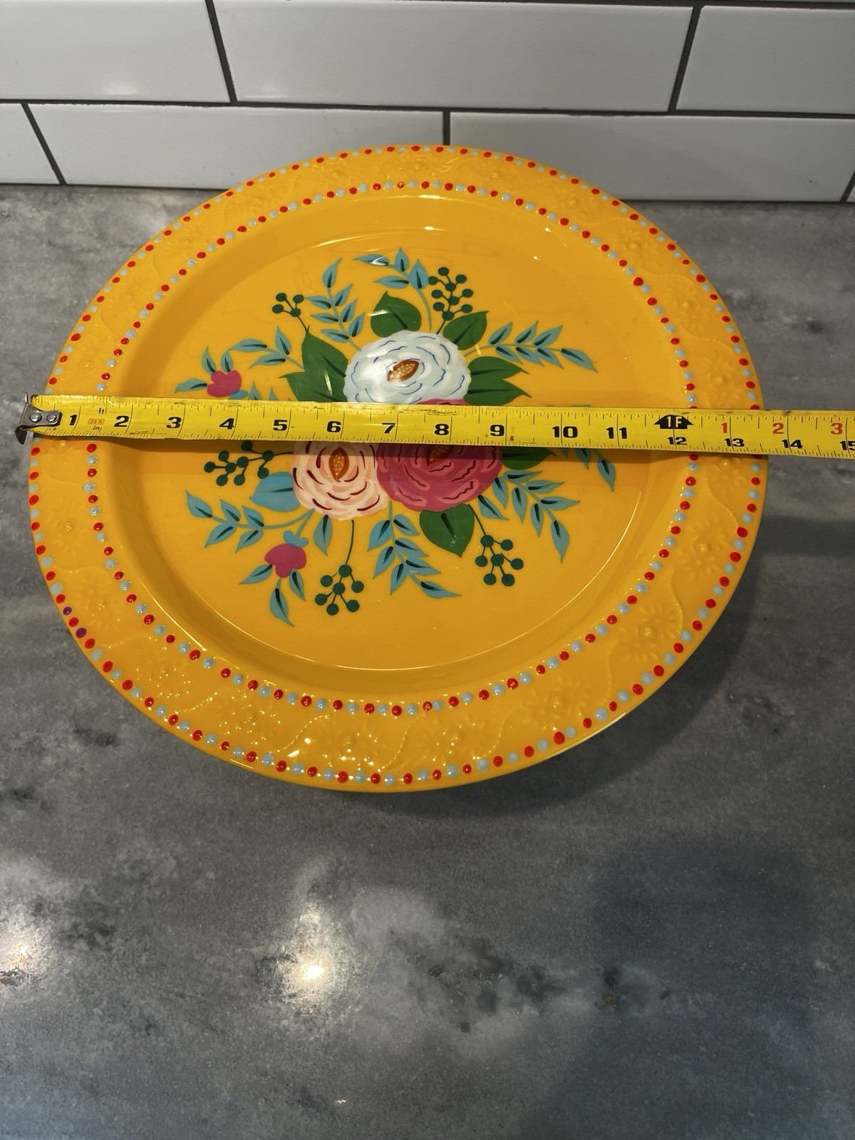 NEW Sunset & Co Yellow Hand painted Floral Cake Stand 13.5”, Party, Bright,