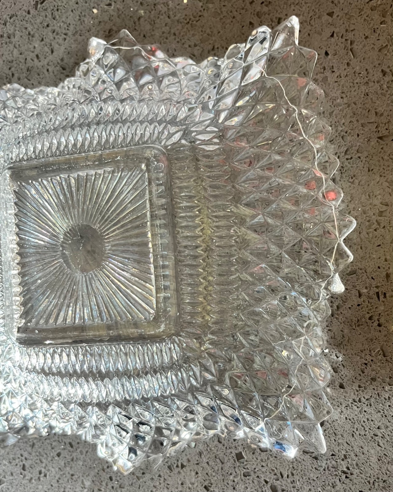 Vintage Indiana Glass Co Diamond Cut Design Square Dish w/ Ruffled Edges