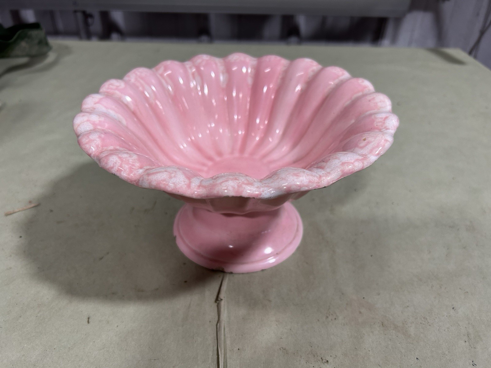 Scalloped Pink And White Pedestal Bowl 8 1/2 Inches At The Top