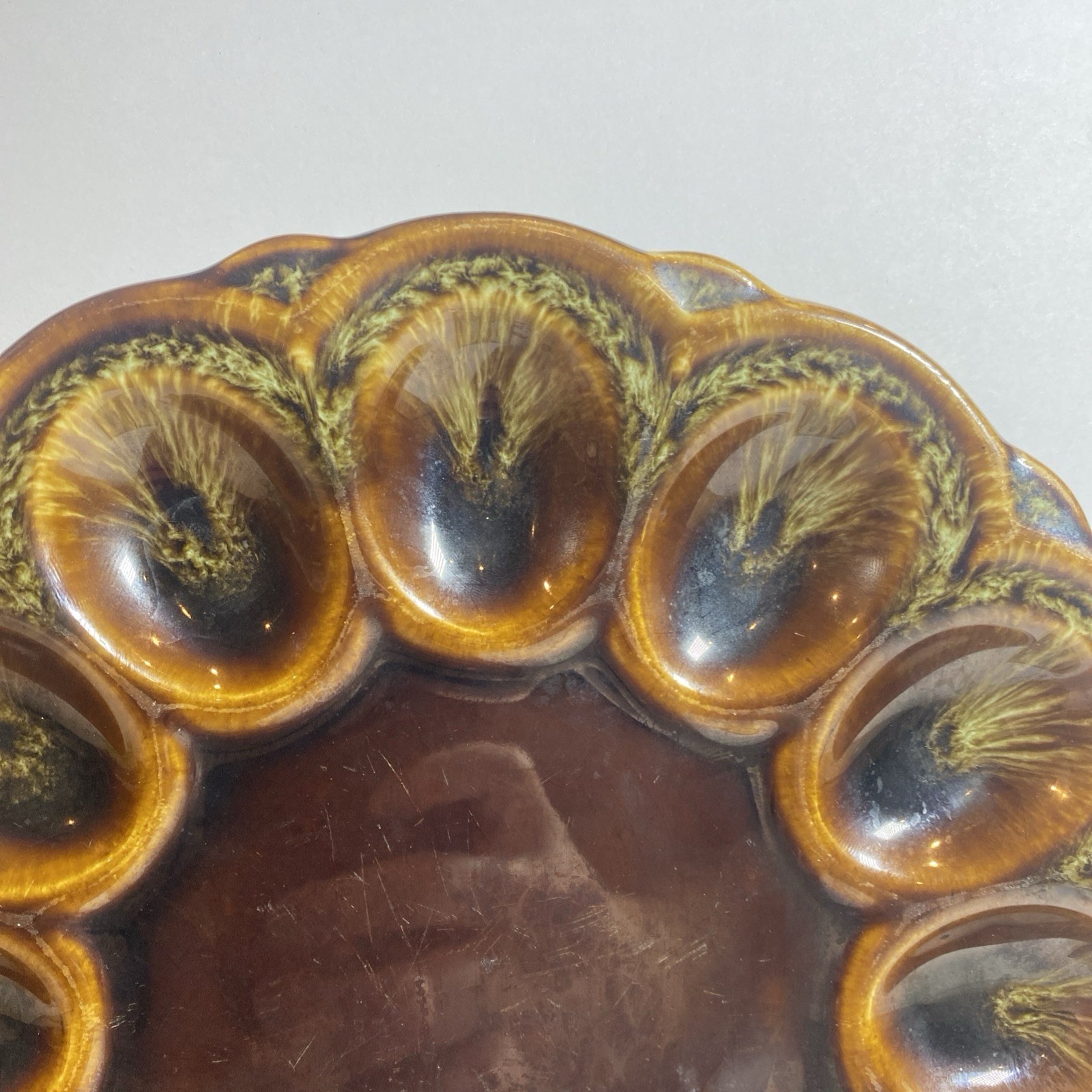 Vintage Canonsburg? Peacock Brown Drip Glaze Deviled Egg Platter 9” 12 Egg USA