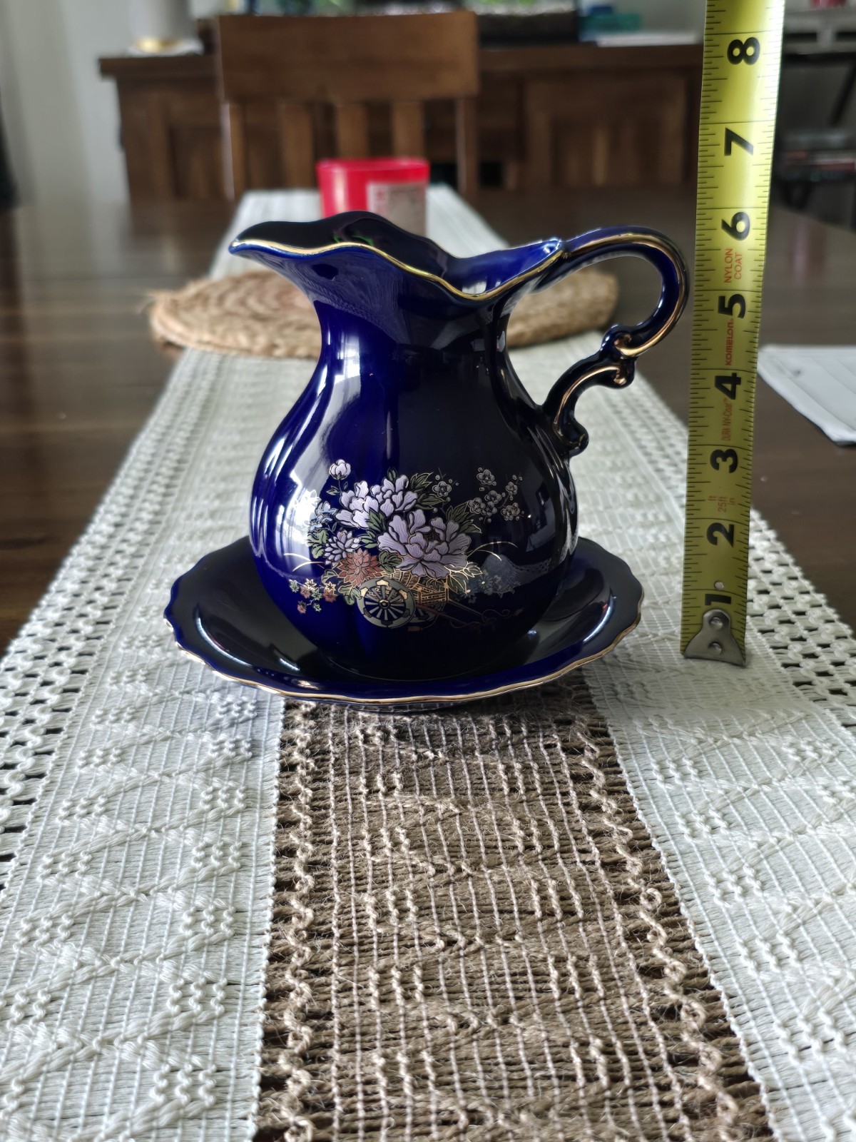 Vintage Cobalt Blue Porcelain Creamer Pitcher Gold Trim Floral w Saucer