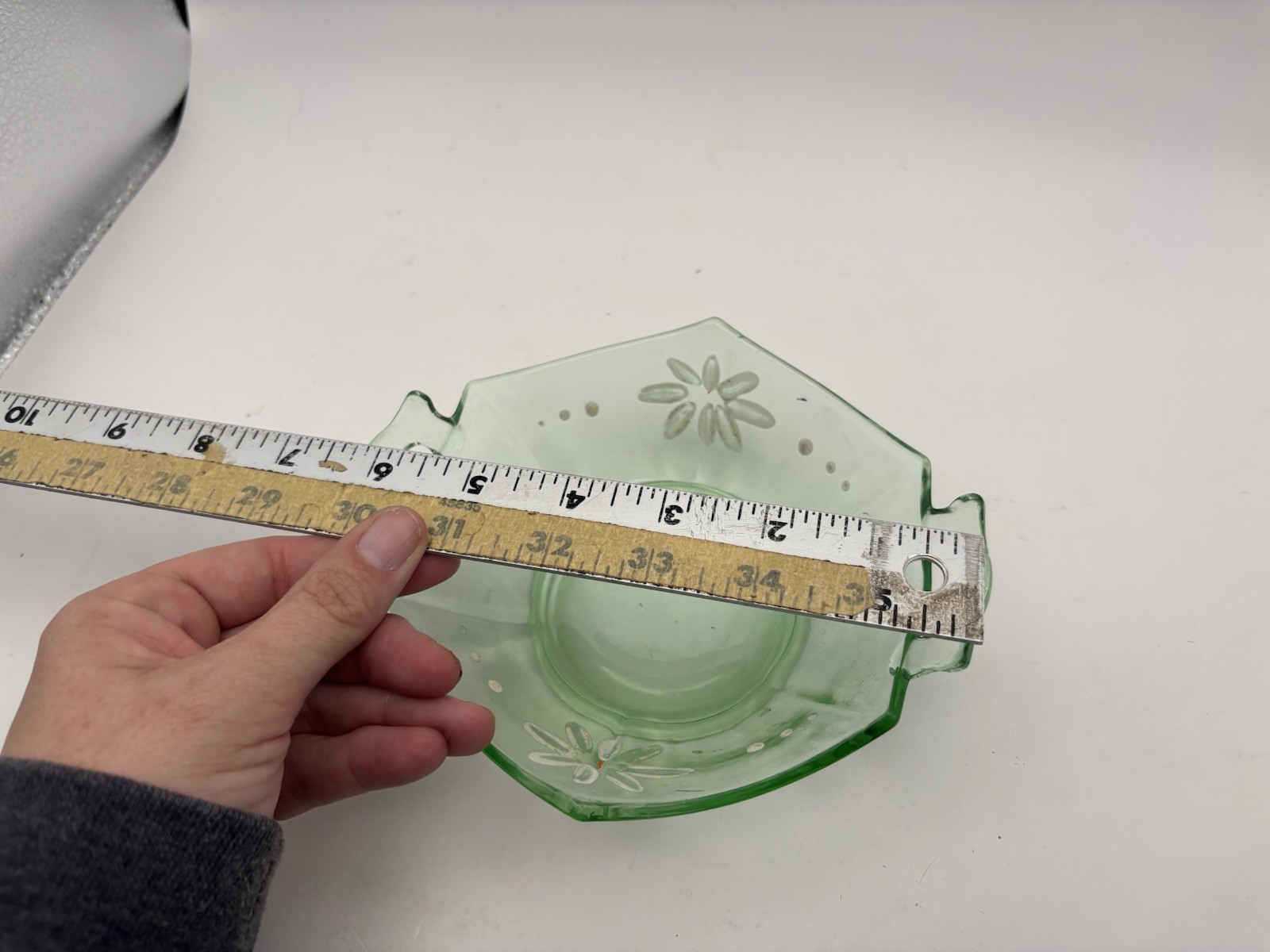 Art Deco Vintage Elegant Uranium Glass Hexagon Handled Bowl Hand painted 6”