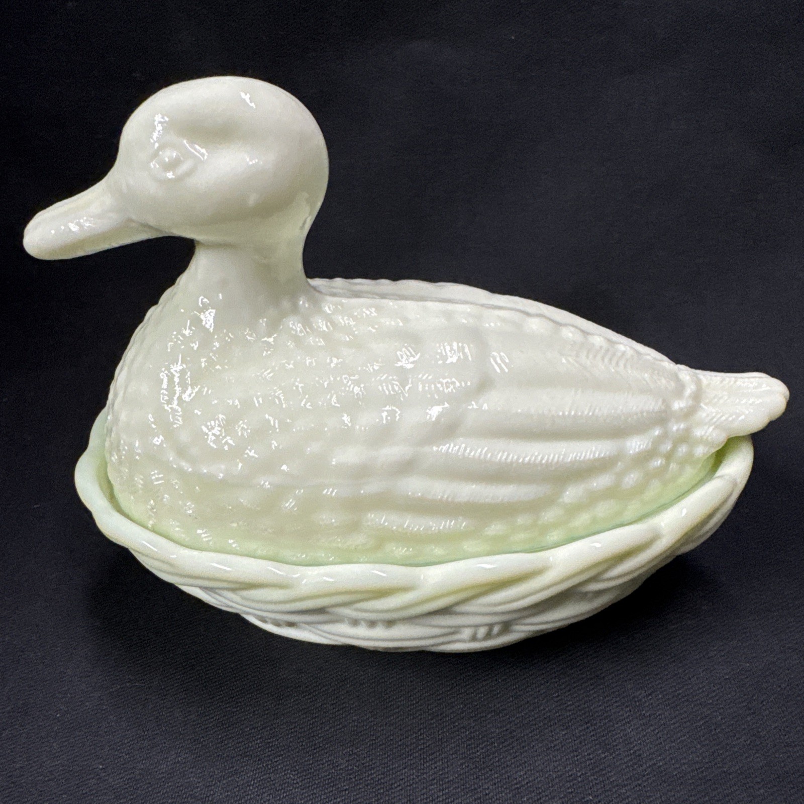 Uranium Glass MOSSER Custard Duck on Nest Covered Candy Dish Glows UV Vintage
