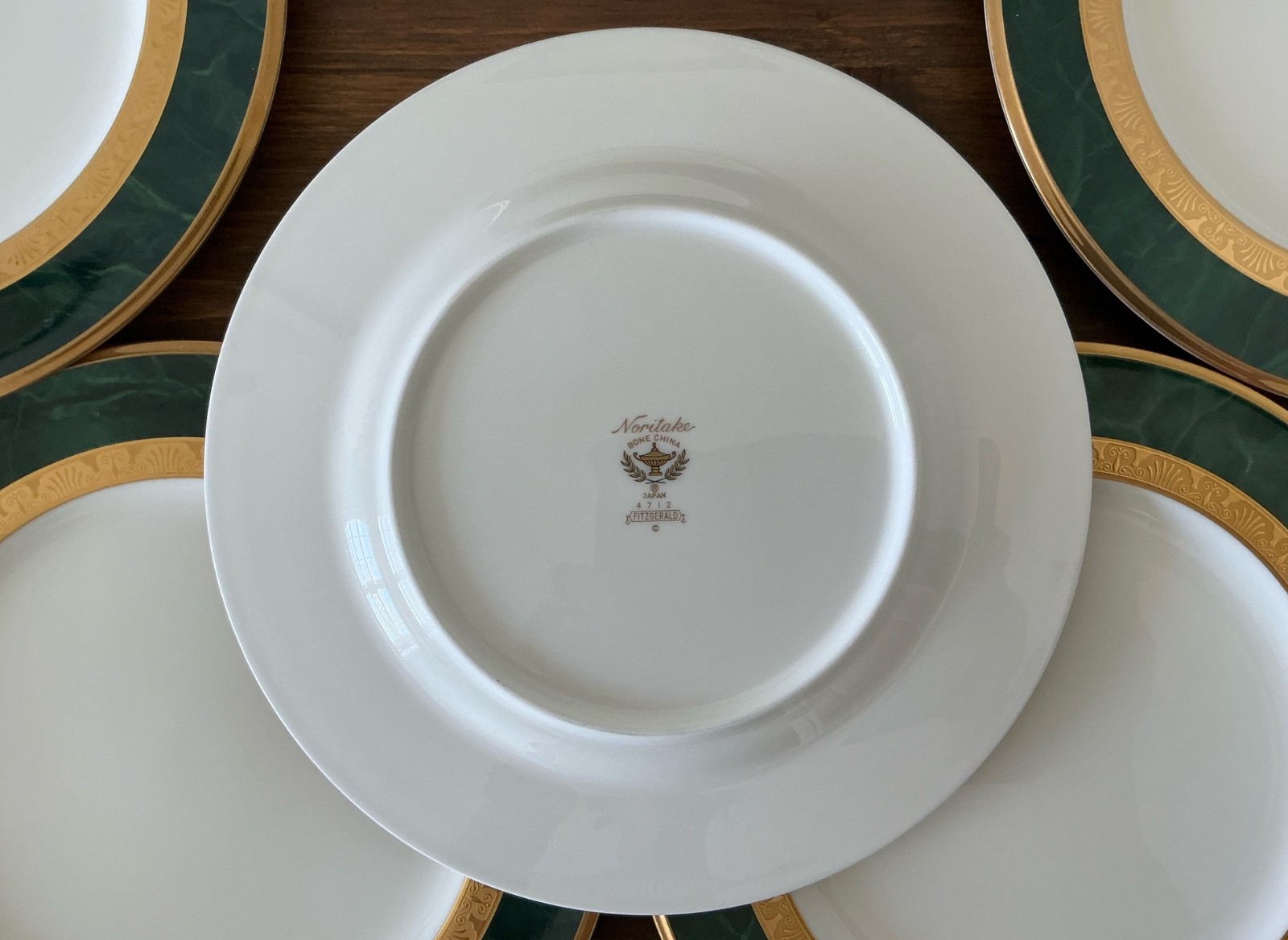 Set/6 NORITAKE Fitzgerald 4712 Salad Plates Green Marble Border Gold Scroll EXC!