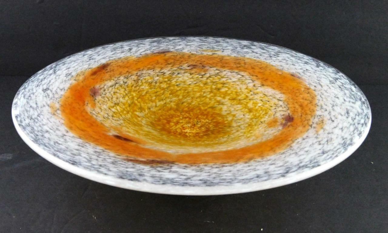 Vintage Art Glass Footed Dish or Stand White Orange Swirl Pattern Unsigned