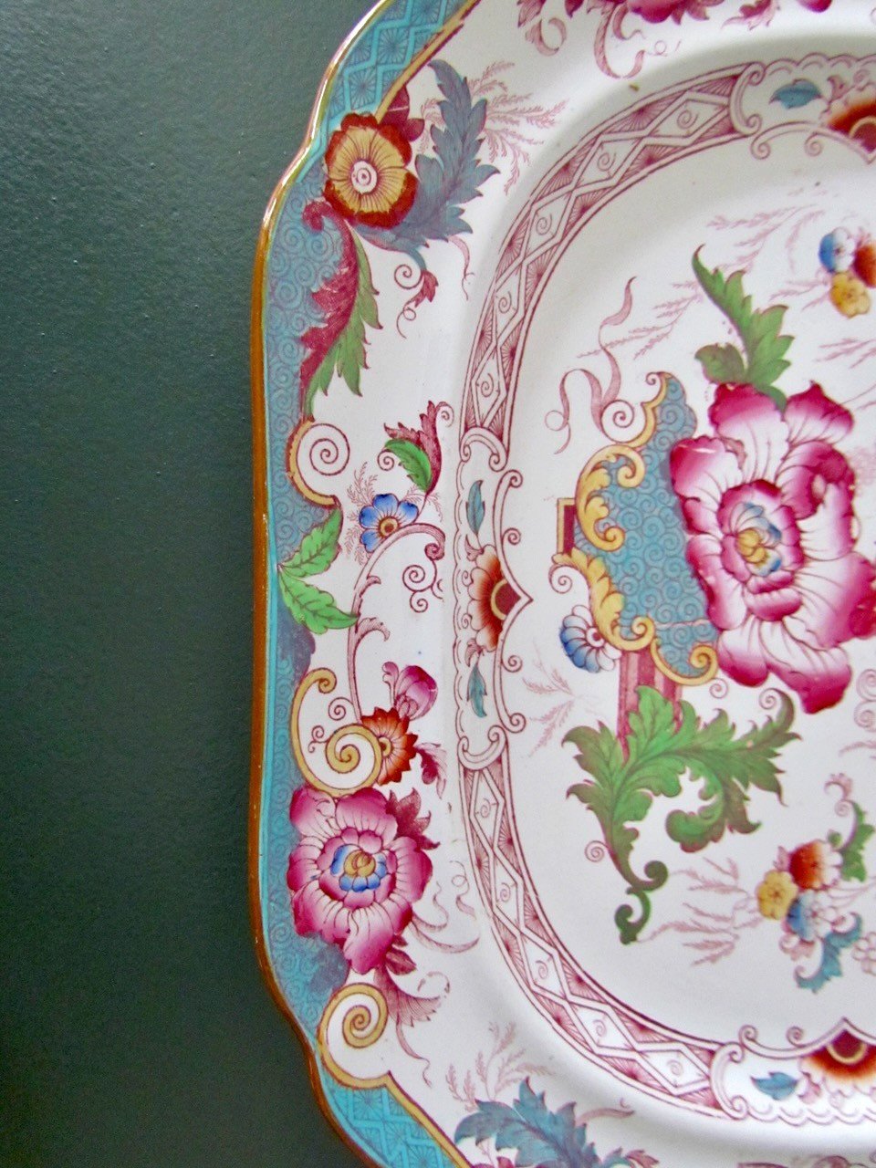 Antique Cauldon Large Platter Bentinck Turquoise Floral Transferware England