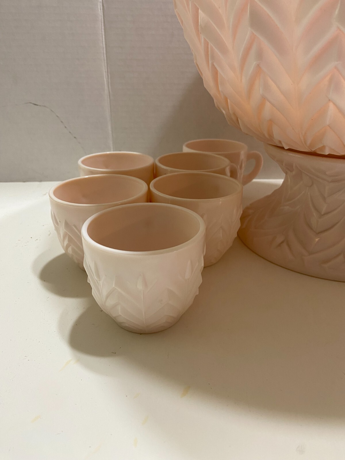 Jeannette Shell Pink Milk Glass Punch Bowl Set with Base and 12 cups Vtg 1950’s