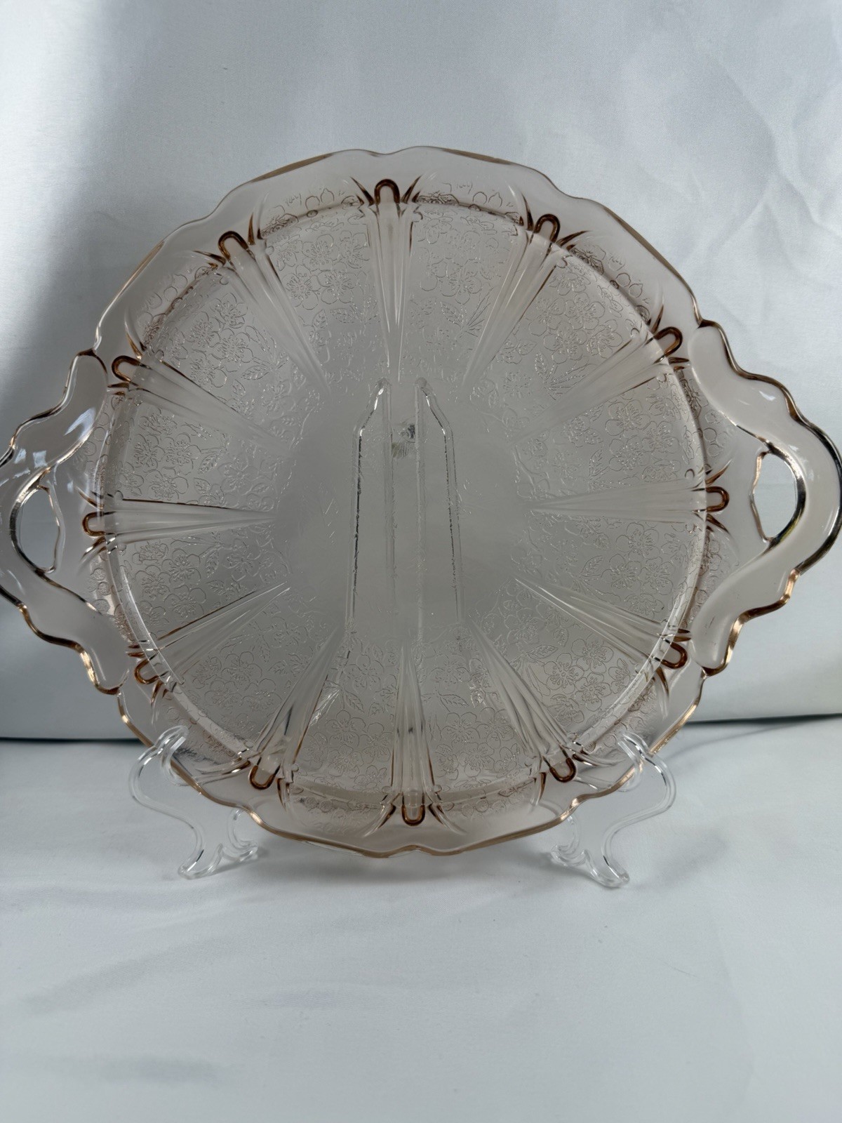 Vintage Jeanette Pink Depression Glass Cherry Blossom Handled Tray READ Repro