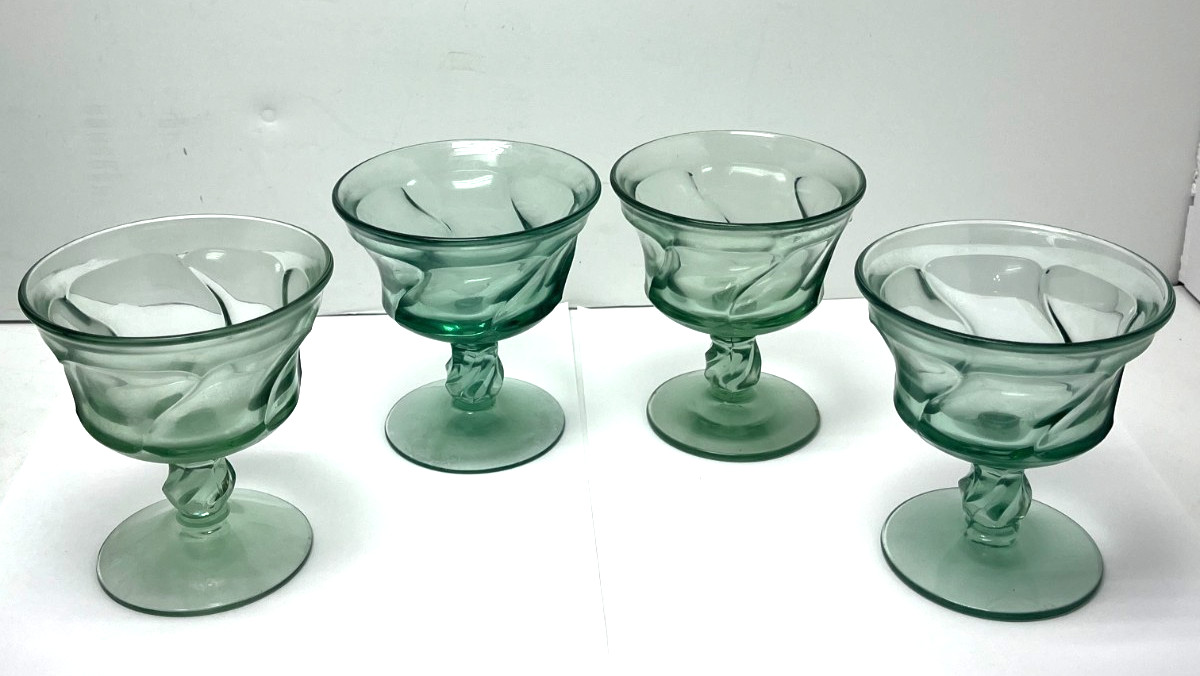 Lot of 4 Fostoria Jamestown Green sherbert dish Glasses glass vtg –