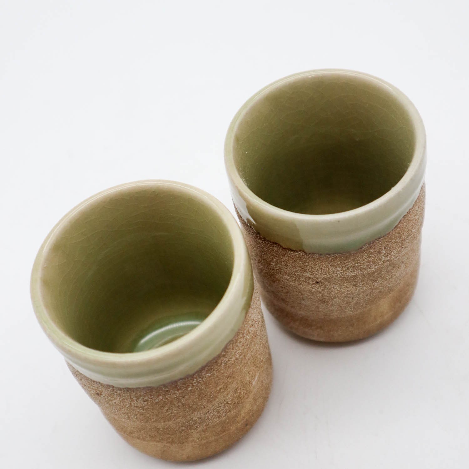 2 Mino Ware Japanese Pottery Yunomi Tea Cups Japan Jade Green & Sand Glaze