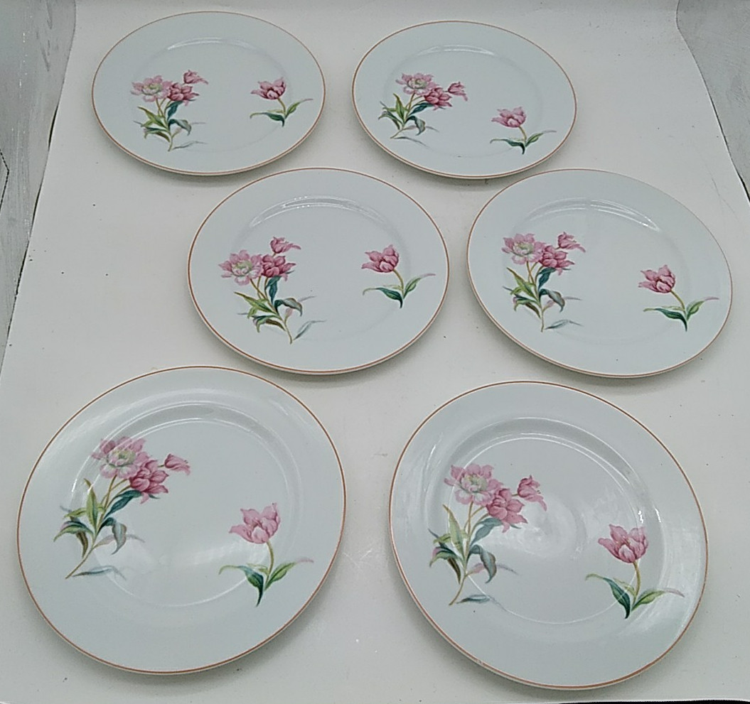 6 Noritake Pink Floral Salad or Dessert Plates White Pink Green Leaves Vintage