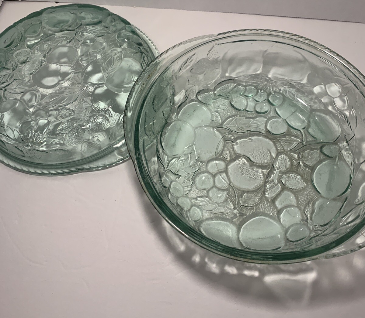 Sale Vintage Libbey Orchard Fruit Green Glass 3 QT Casserole Baking Dish Pie Lid
