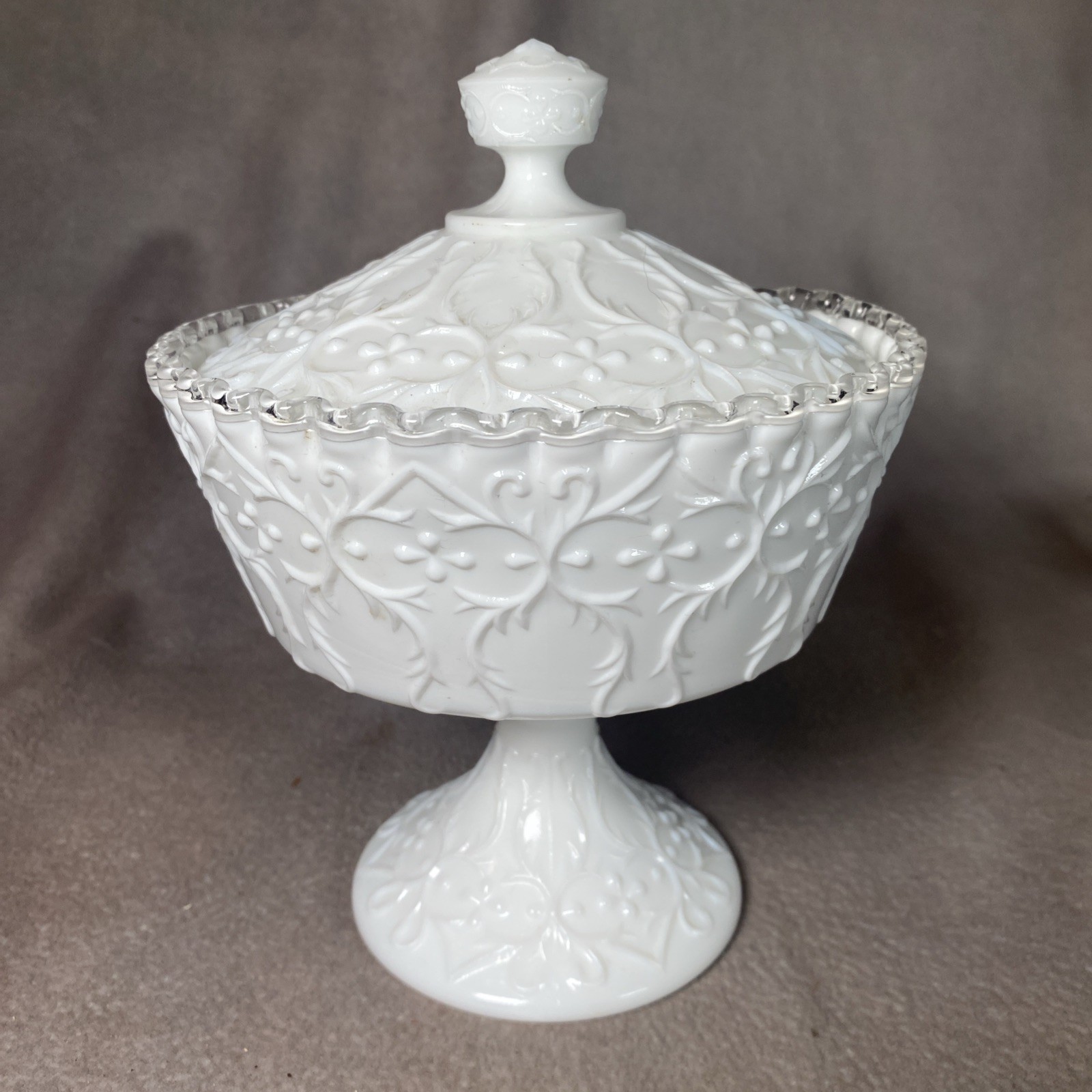 Fenton Milk Glass Silver Crest Spanish Lace Pedestal Candy Server w/ Lid