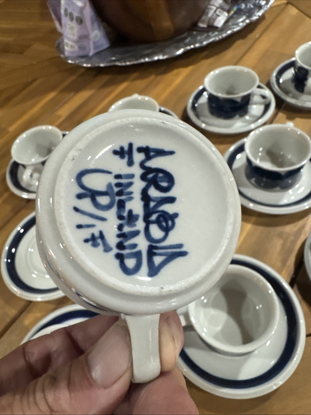 Set Of 12 Arabia Finland Anemone Blue Coffee Tea Mug Cups & Saucers 3 1/2″ Rare