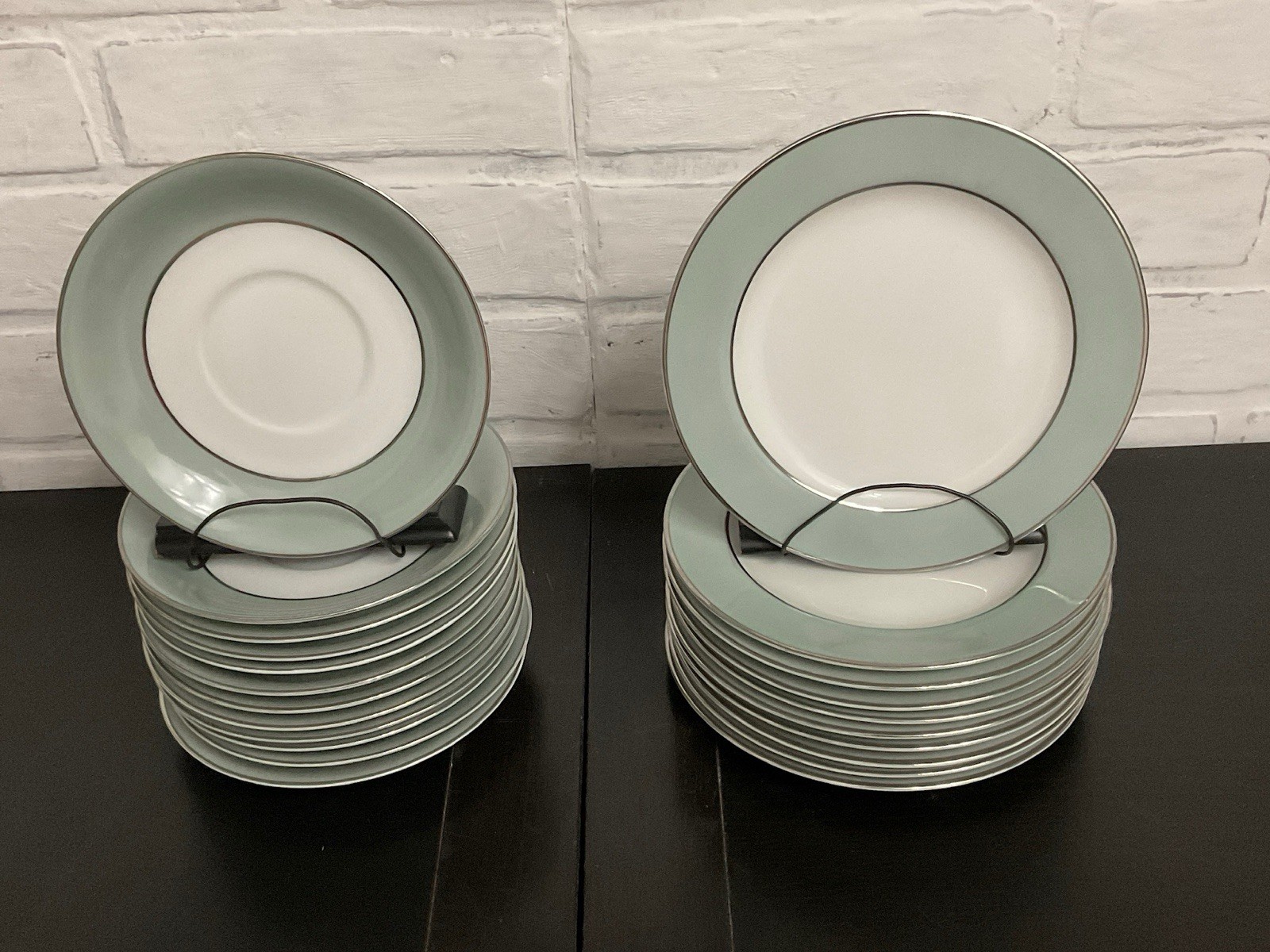 Vintage Sango Japan Sheffield Plates and Saucers Celadon Silver Rim- 22 Pc Lot