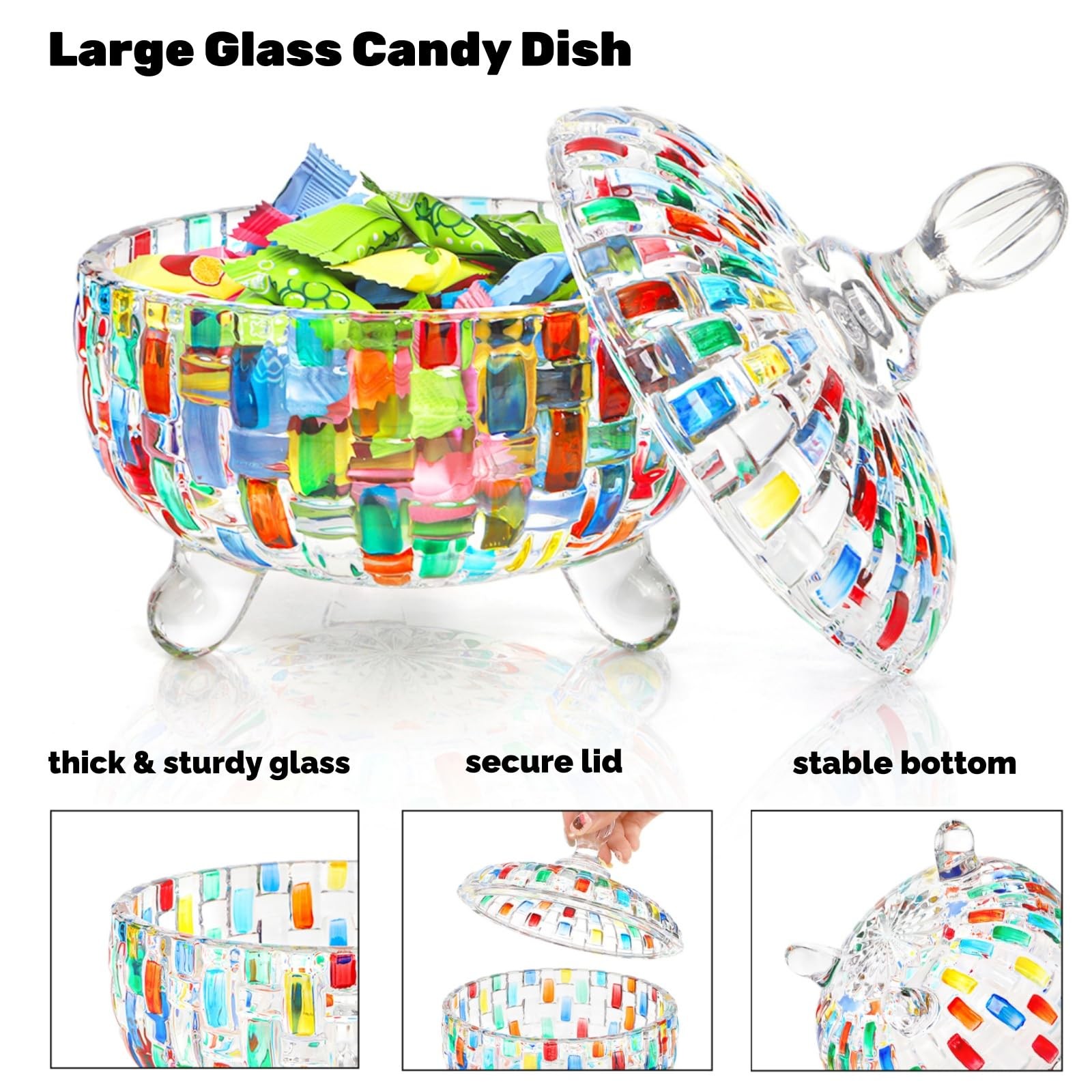 24 OZ Large Glass Candy Dish with Lid, Vintage Colorful Crystal Candy Bowl, D…