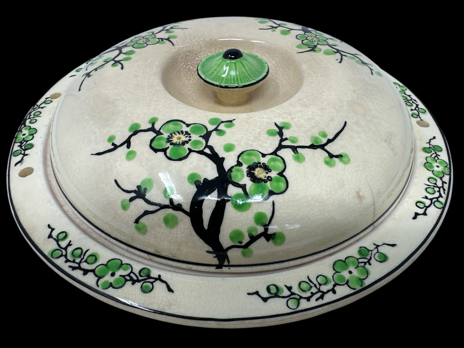 Vintage 1930s MORIYAMA Ceramic Covered Divided Platter Hand Painted Green Flora