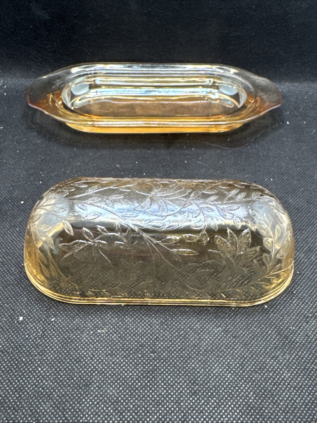 Rare Jeannette Iridescent-Carnival Floragold Louisa Marigold Covered Butter Dish