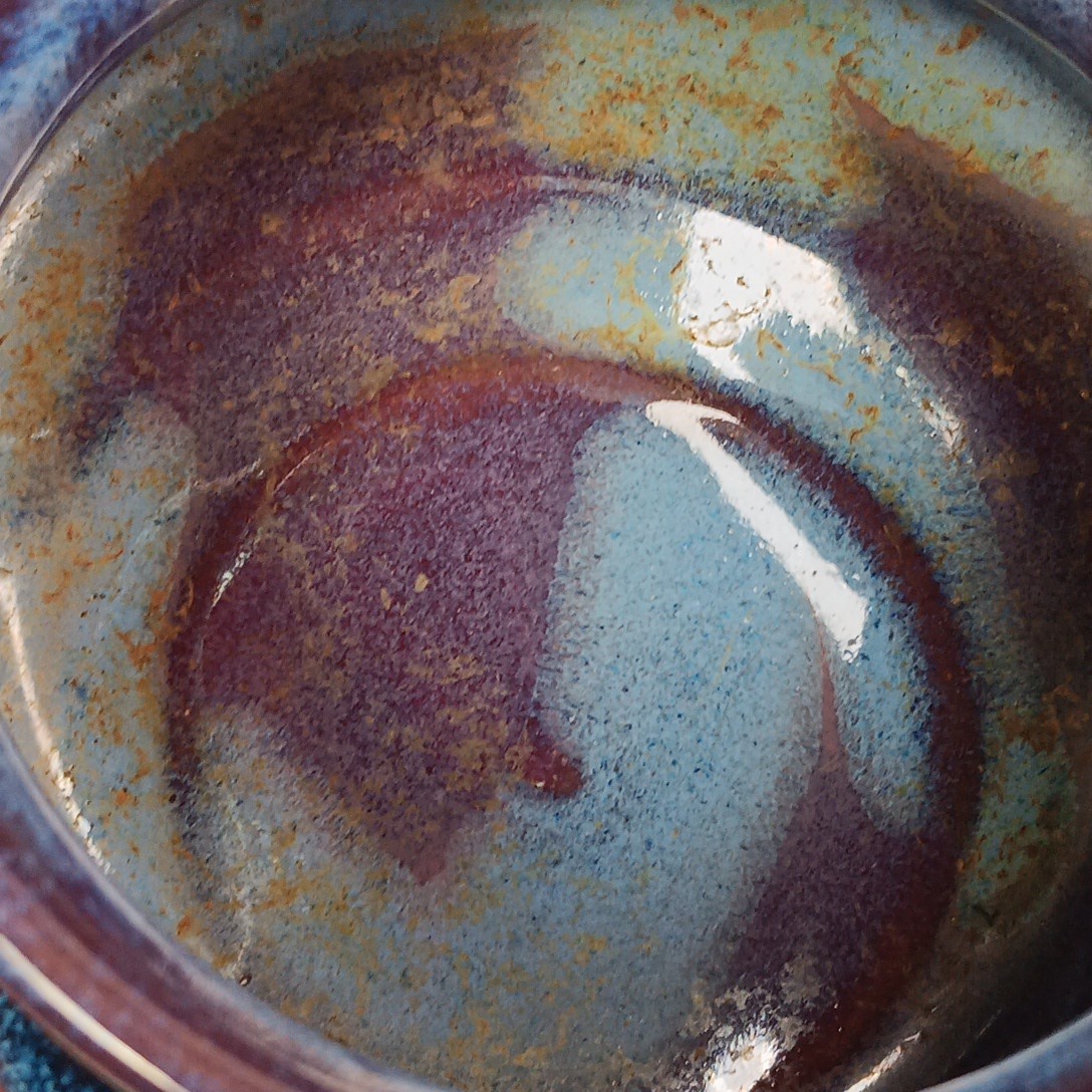 Art Pottery Studio Handcrafted Bowl Red Clay Blue Brown Glaze Slanted Angled