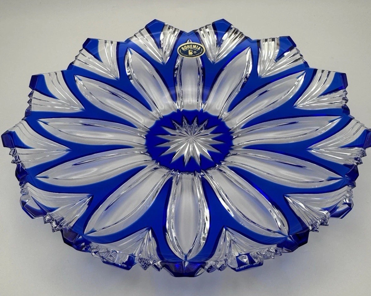 Bohemia Czech Cobalt Blue Cut to Clear Crystal Plate Charger Starburst