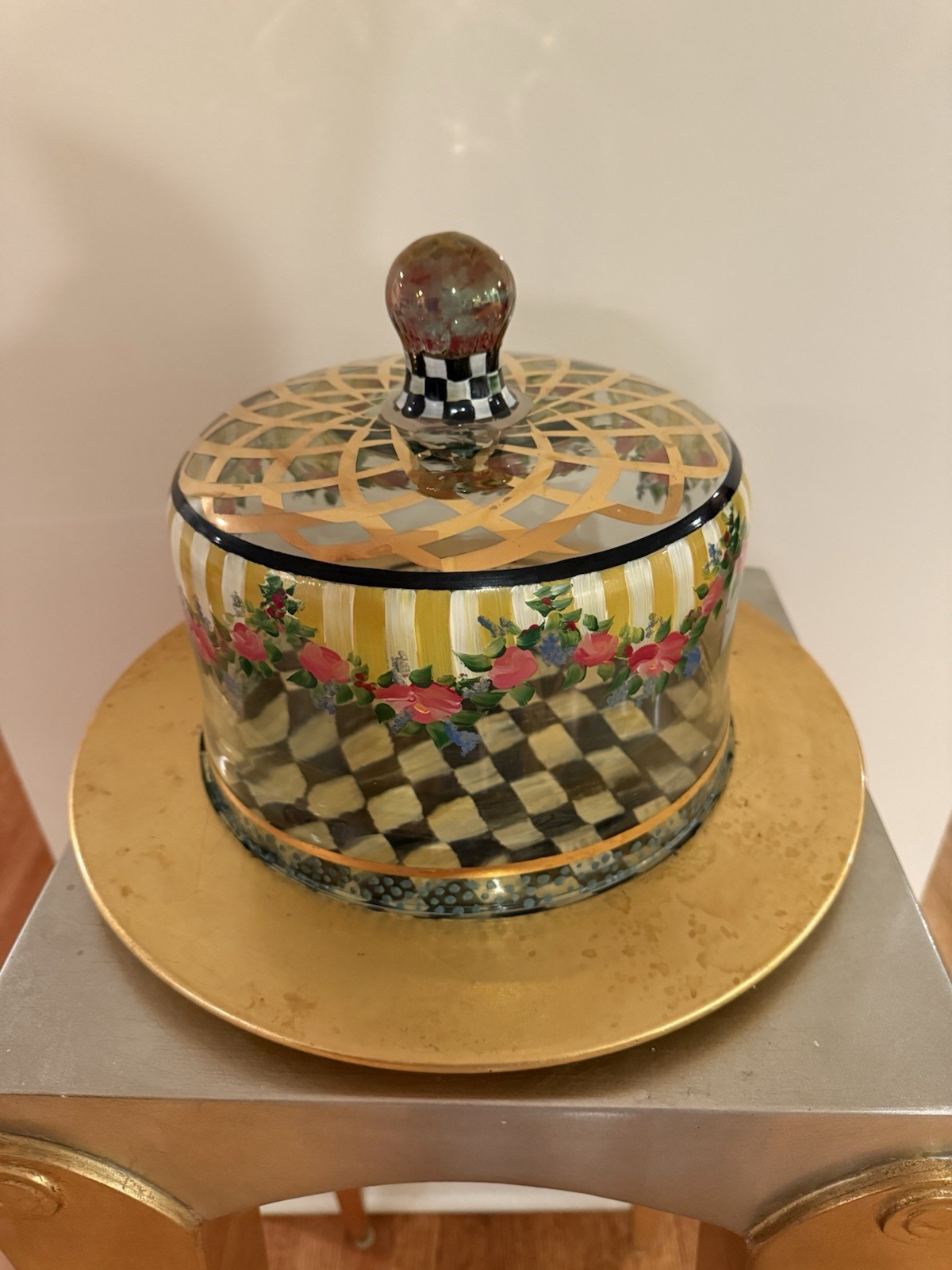 Mackenzie Childs Courtly Check Circus Glass Cake Dome and Wood Underplate