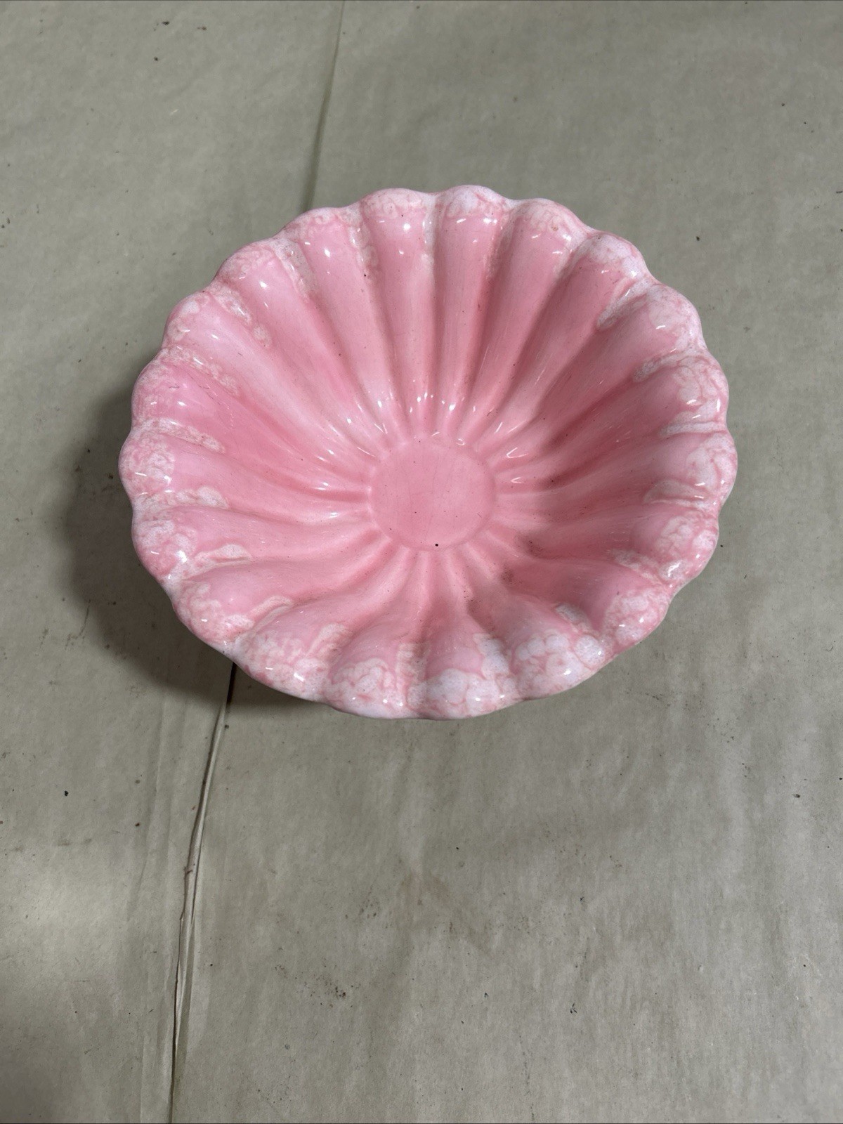 Scalloped Pink And White Pedestal Bowl 8 1/2 Inches At The Top