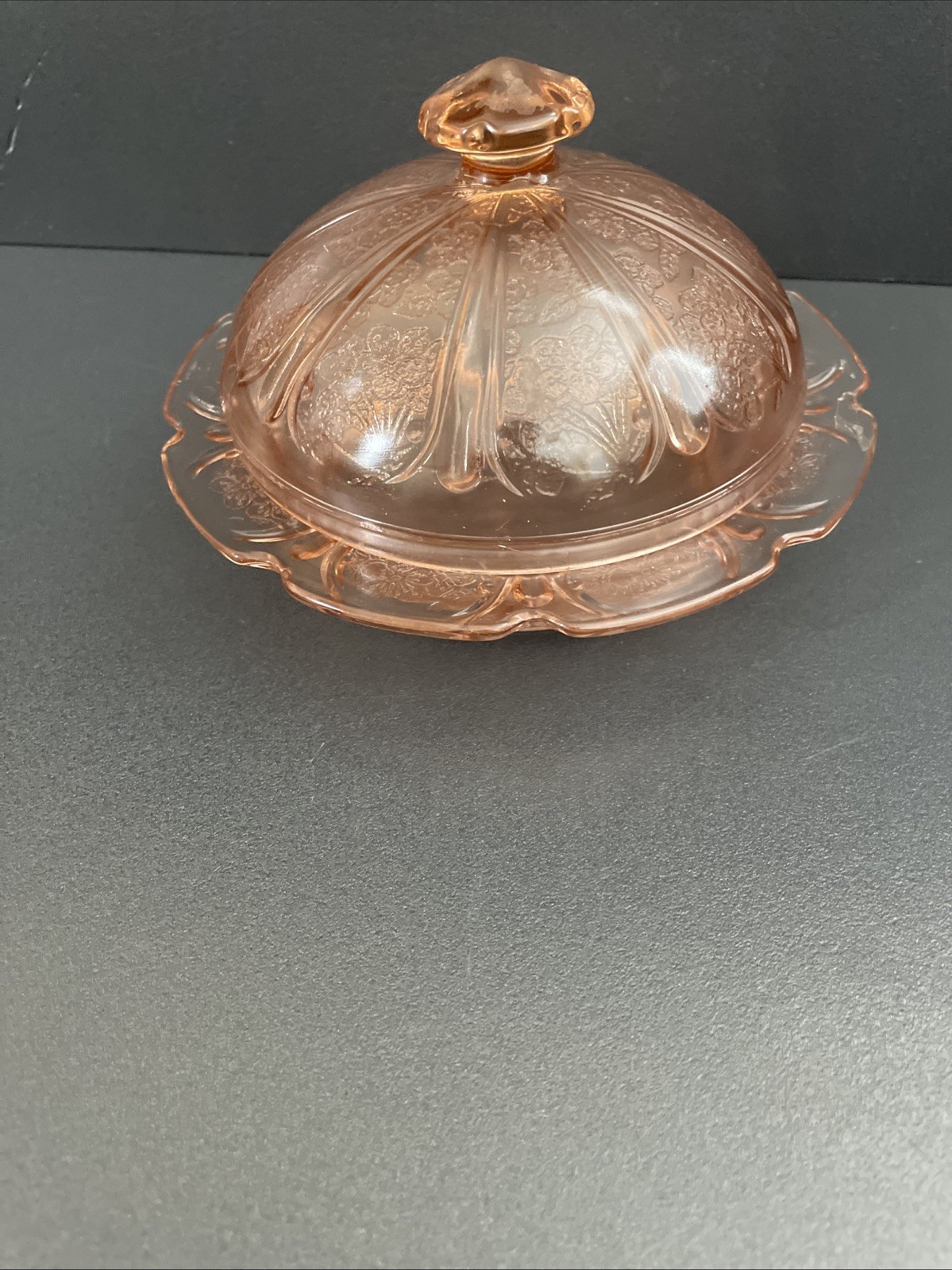 Jeannette Soft Salmon Pink Cherry Blossom Depression Glass Covered Butter Dish