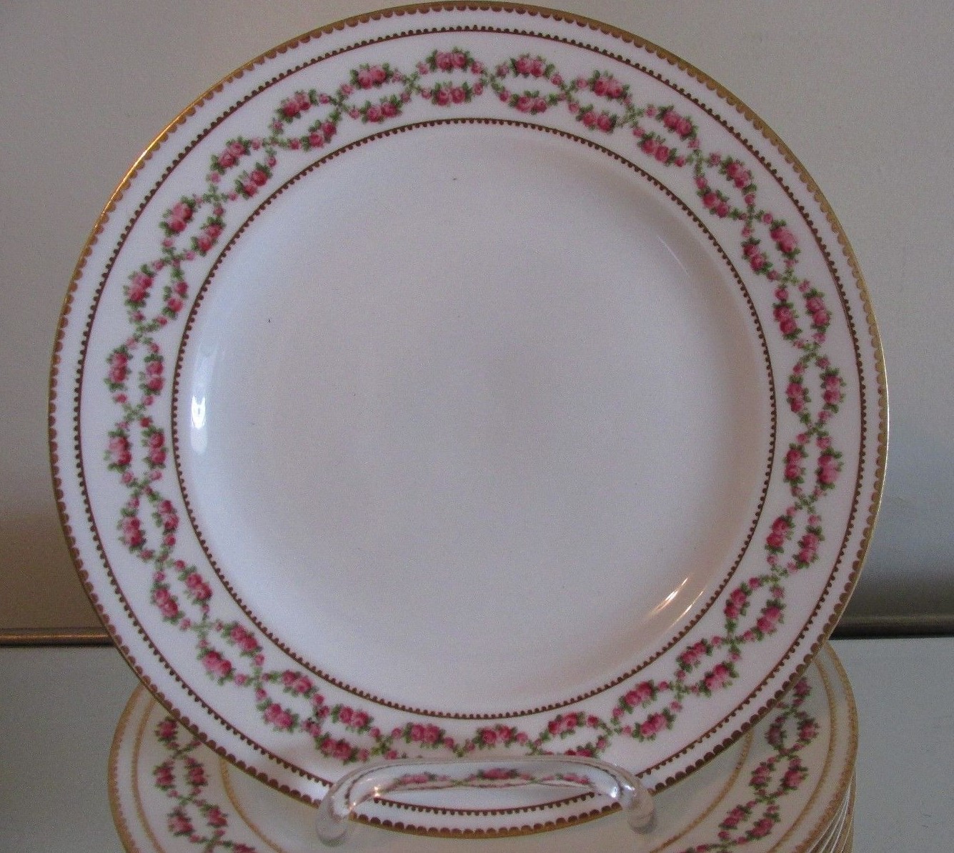 8 Antique English 9″ PLATES Pink ROSE GARLAND JE CALDWELL Phila Geo Jones & Sons