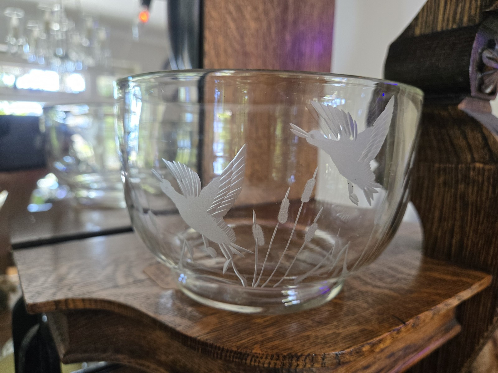 Vintage Mid Century Modern Glass/Crystal Bowl w/Etched Flying Geese & Cattails