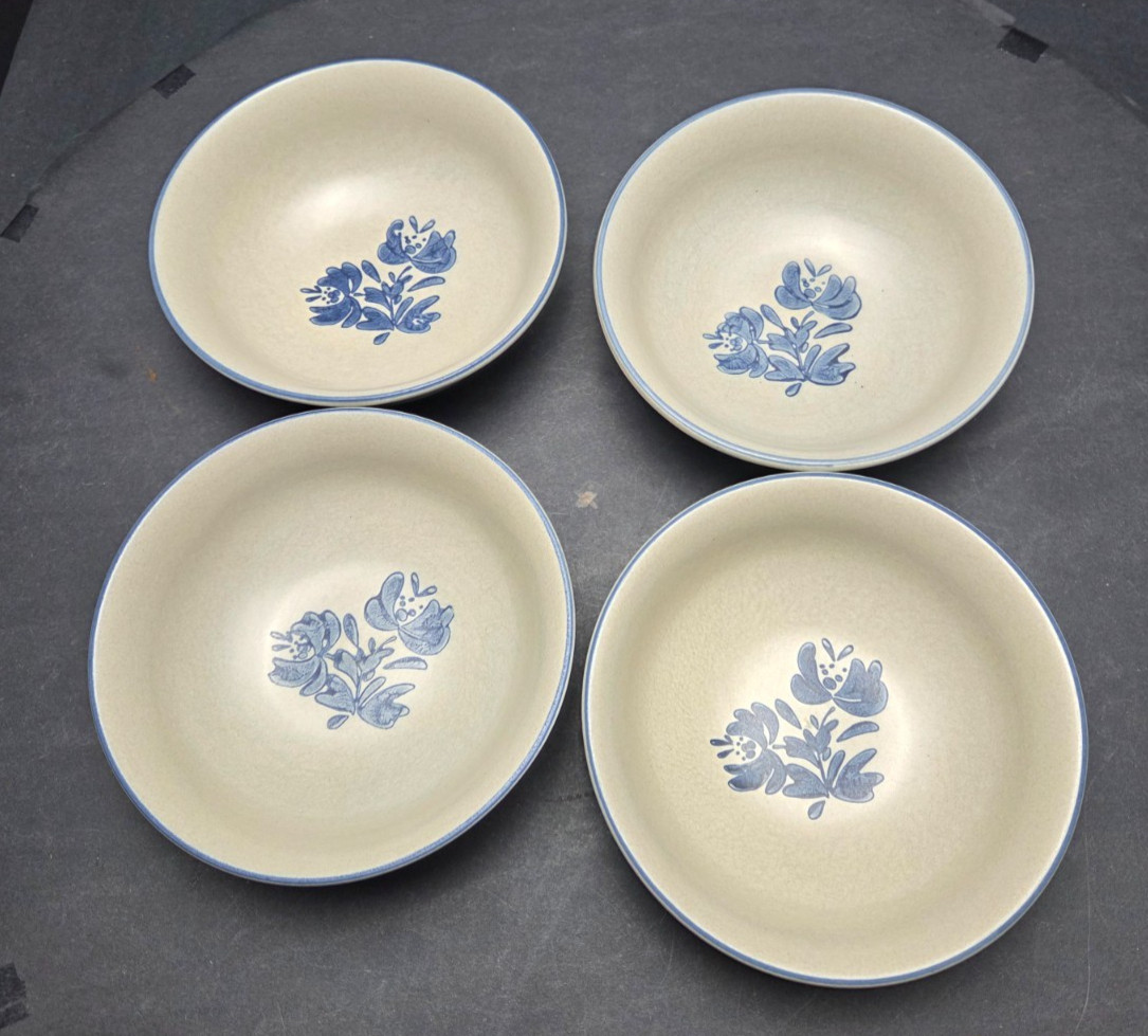 Pfaltzgraff Folk Art Blue Floral Berry Dessert Bowl USA Stoneware Set of 4 each