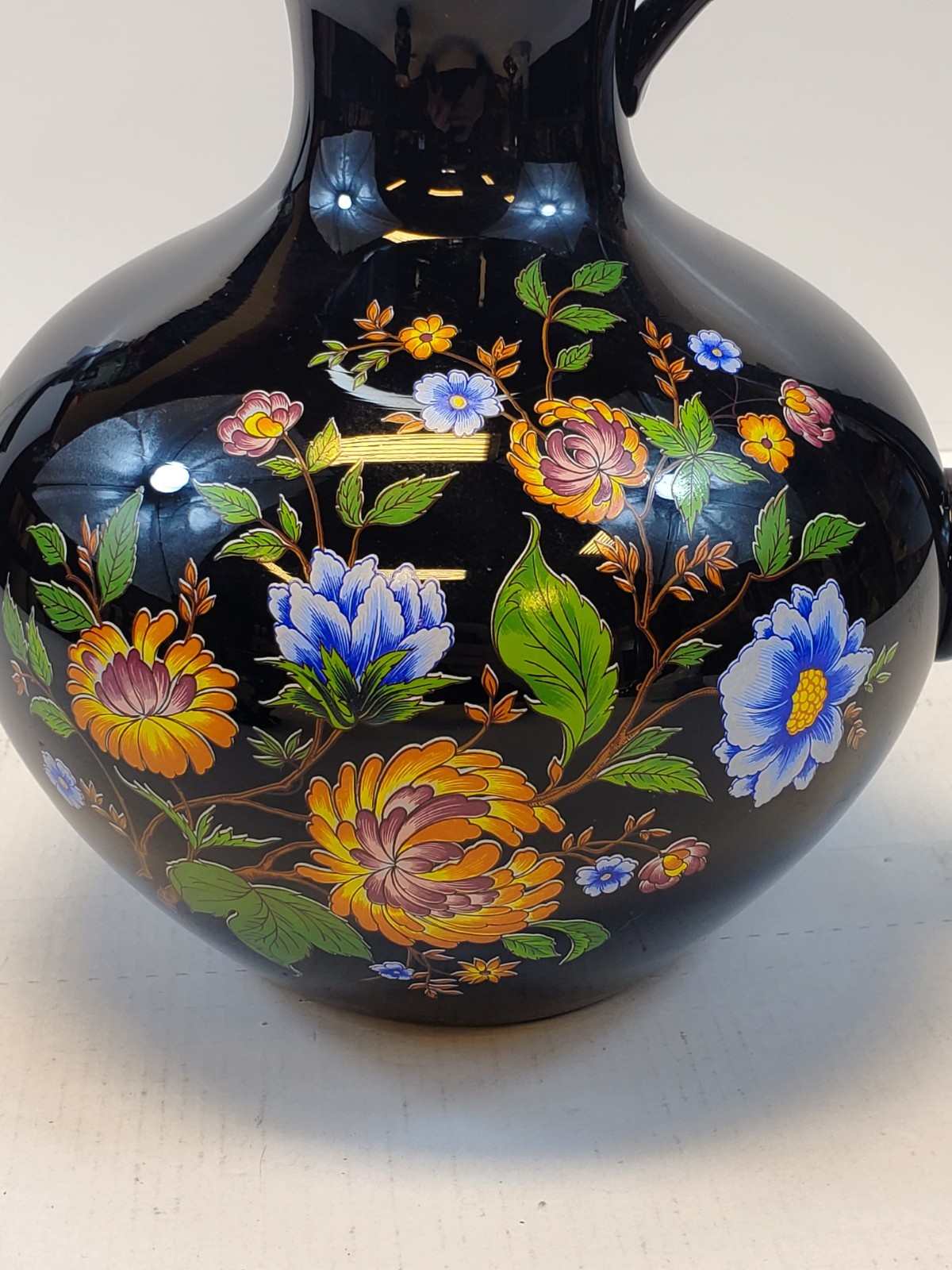 Italian Pitcher Home Decor 9.5” Tall Vintage Black Floral By Ardalt