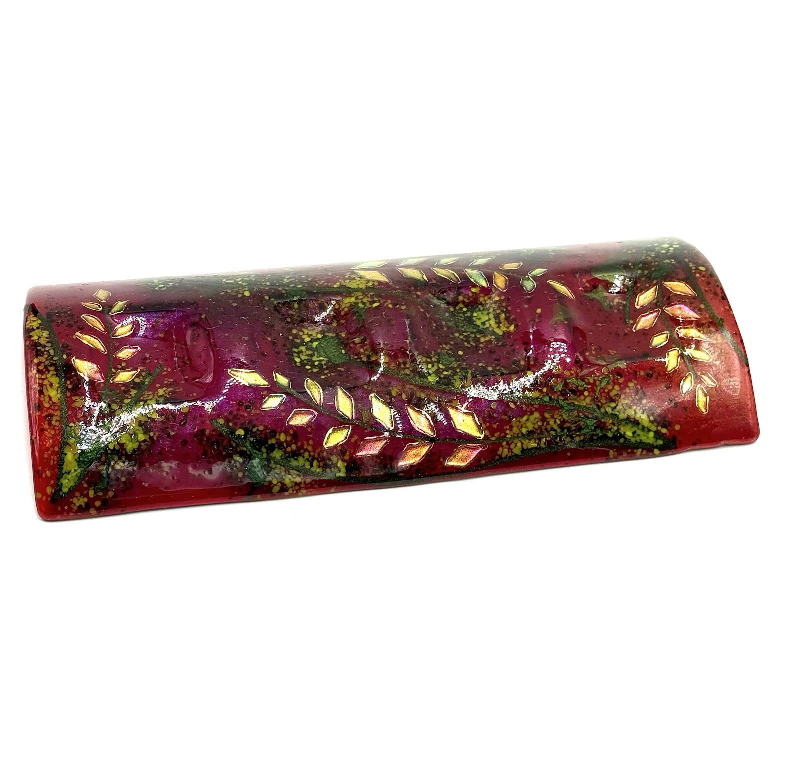 Fused Art Glass Red Green With Iridescent Leaves Rectangle Curved Decor Signed