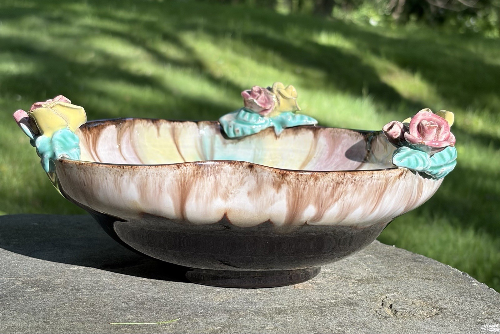 Austrian Anowork art pottery bowl w/ multi -colored drip glaze. New