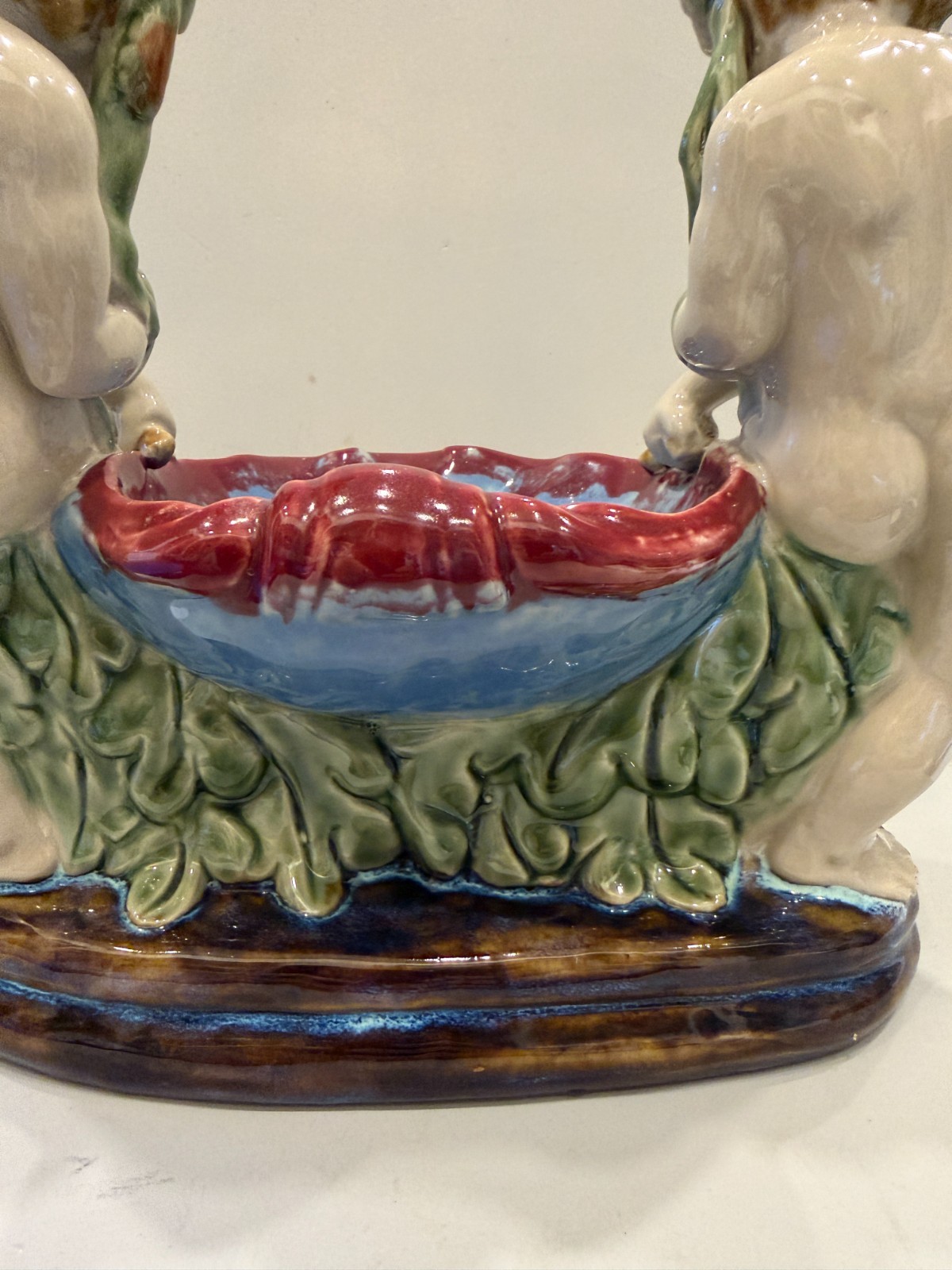 Antique English Majolica Putti Shell Bowl Centerpiece Late Victorian 10 inches