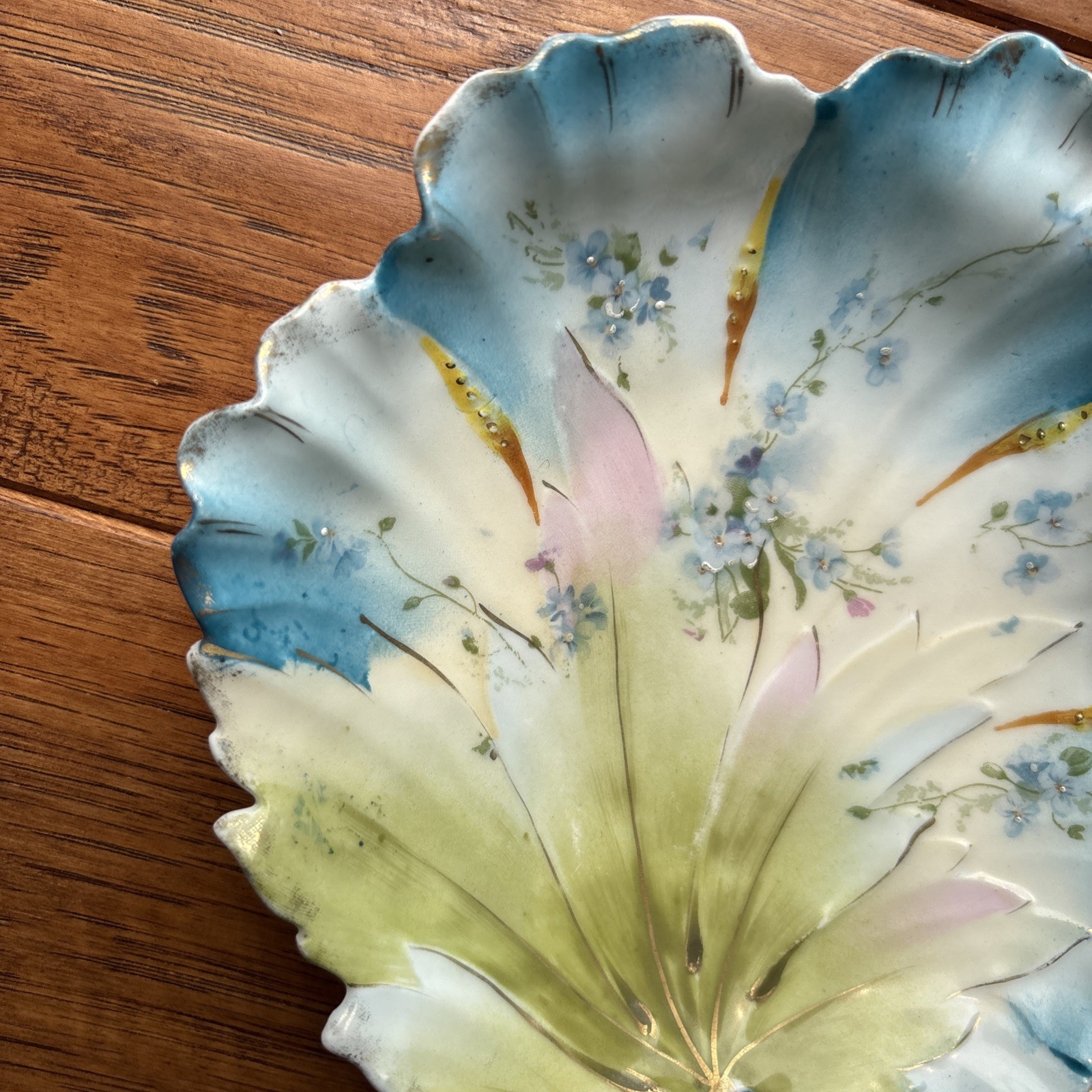 RS Prussia Leaf Serving Trinket Dish 6.5” Blue Green Hand Painted