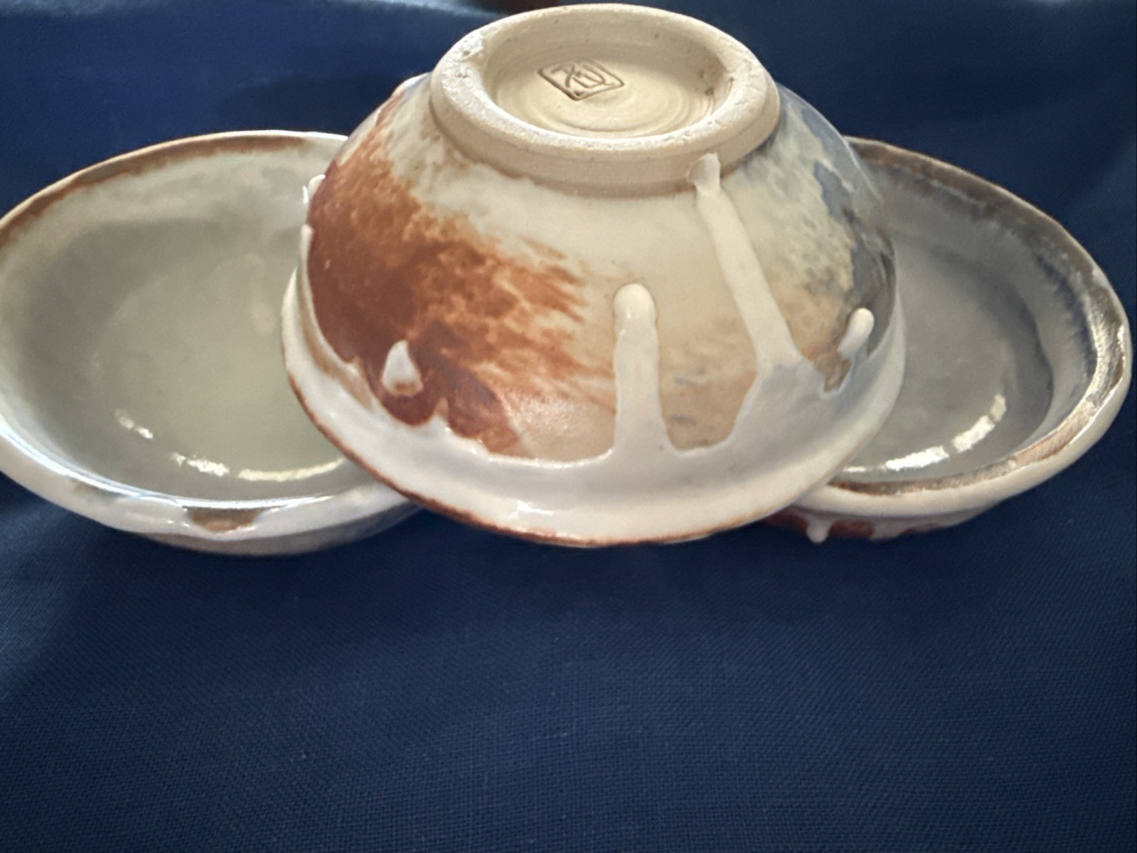 Studio Pottery Set 3 Hand Thrown Dip Bowl Drip Glaze Blue Brown Tones 1.25″x 3″