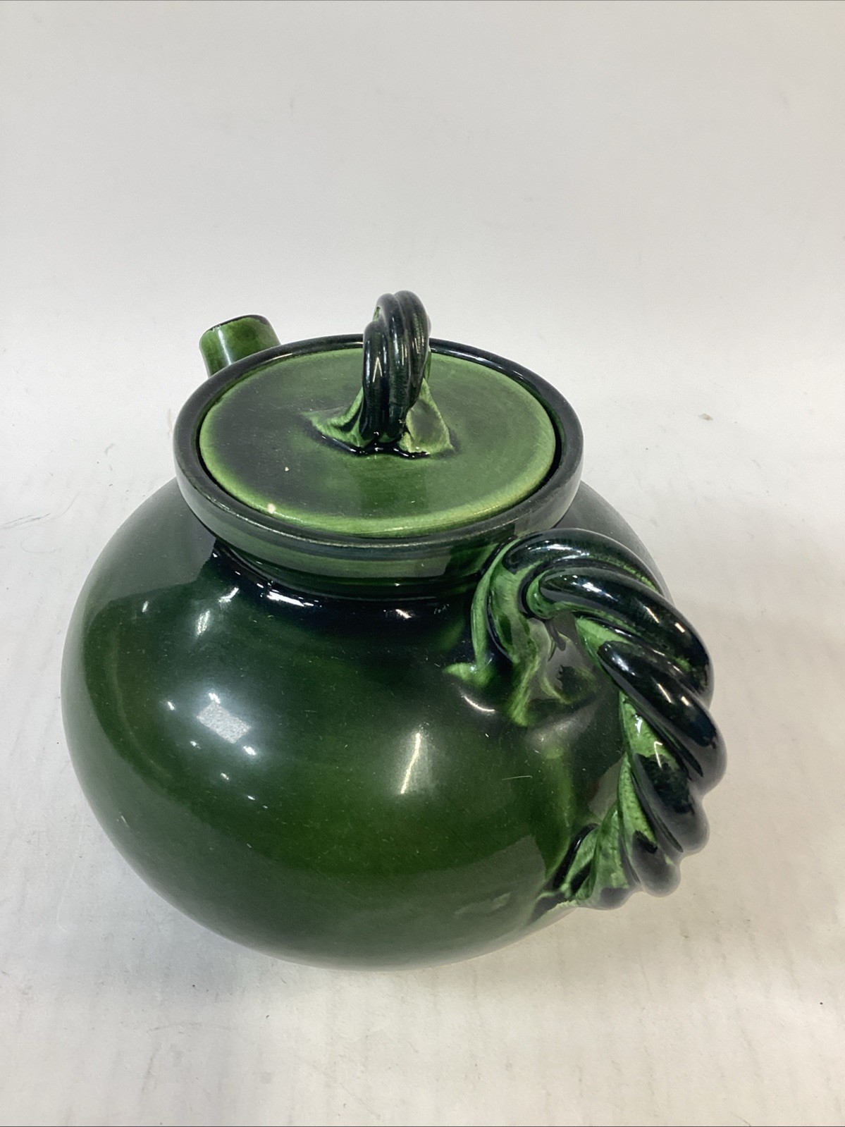 Hand Painted Dark Green Pottery Teapot With Lid