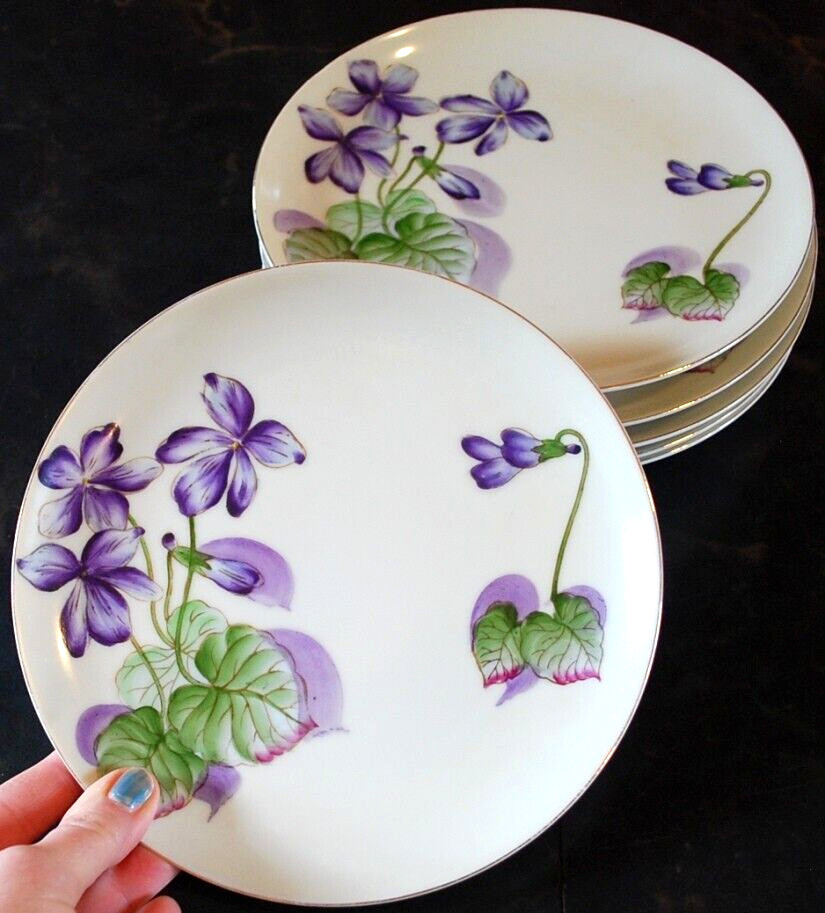 Vtg Set 6 PLATES Tashiro Shoten Japan HANDPAINTED PURPLE VIOLETS Gold Rims 7.5″