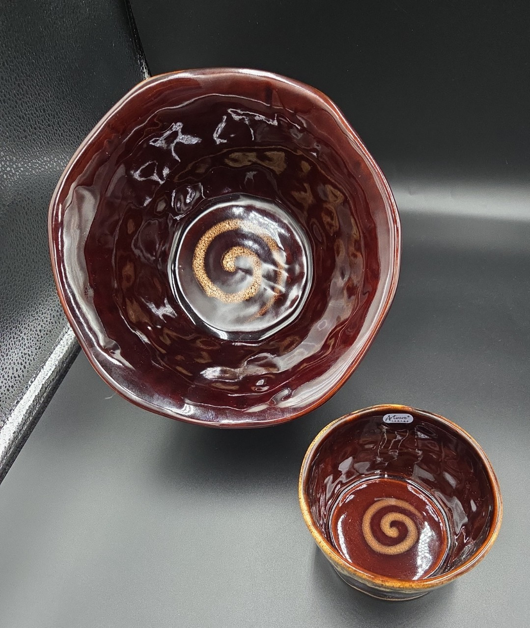 Fenton Artware Ceramic Set Of 2 Pottery Bowls Brown Swirl Glaze Origional Label