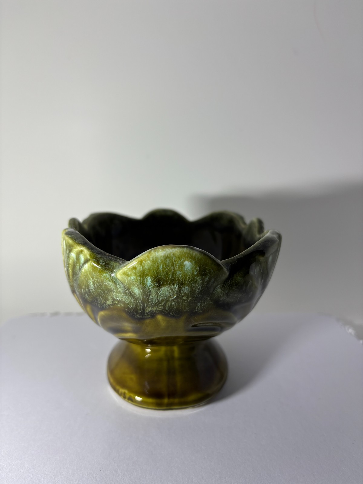 Vintage MCM Green Drip Glaze Footed Compote Bowl – Scalloped Leaf Design