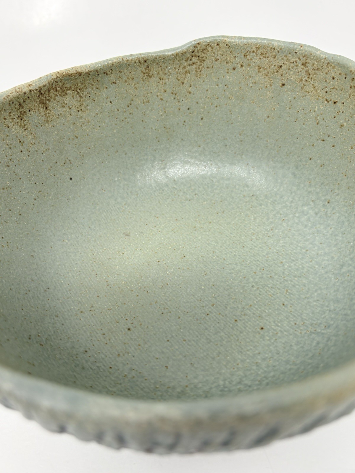 Studio Artisan Pottery Bowl Green Textured Tree Bark Matte Signed Marked 6.5″