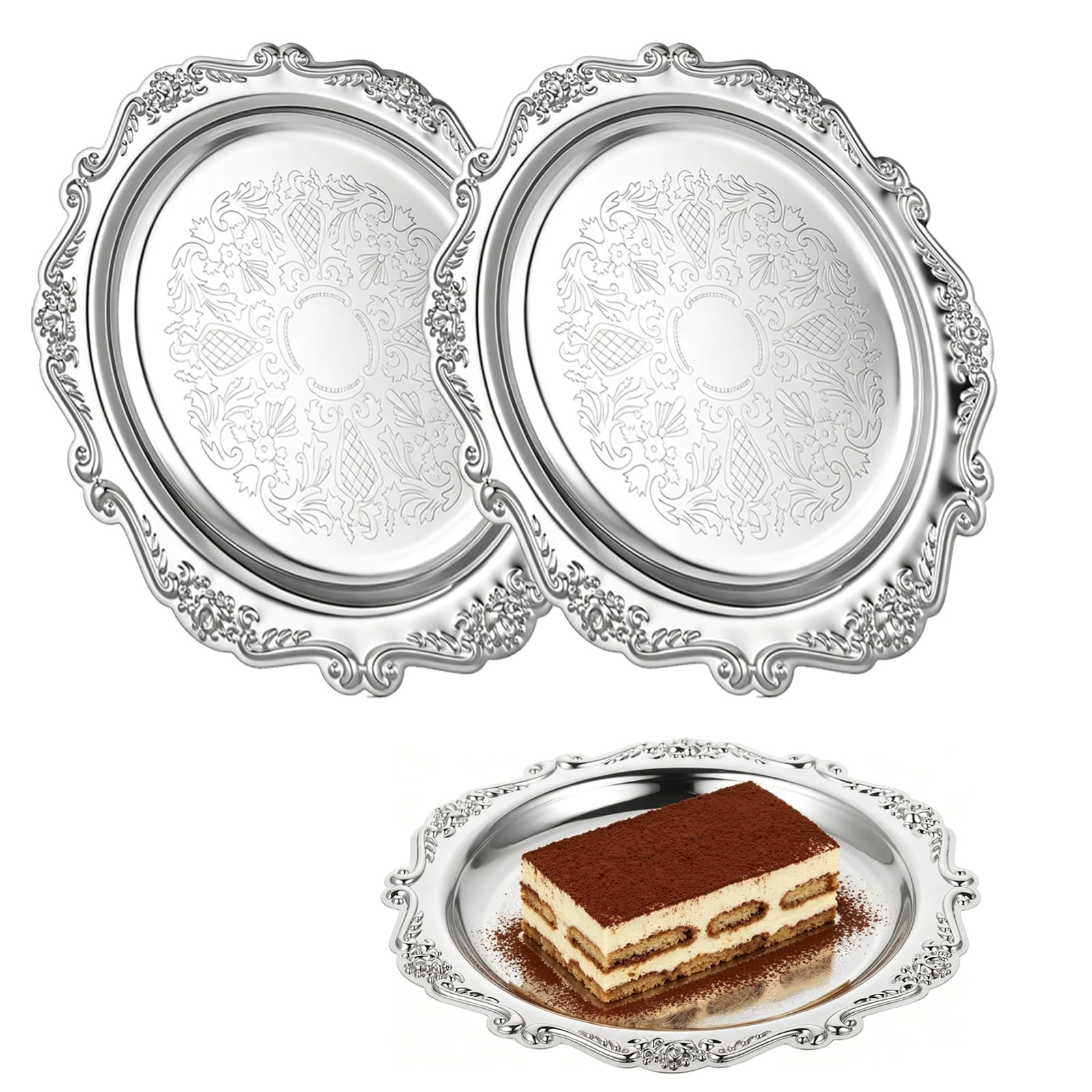 2PCS Silver Round Serving Trays for Party,Floral Engraved Serving Platters Vi…