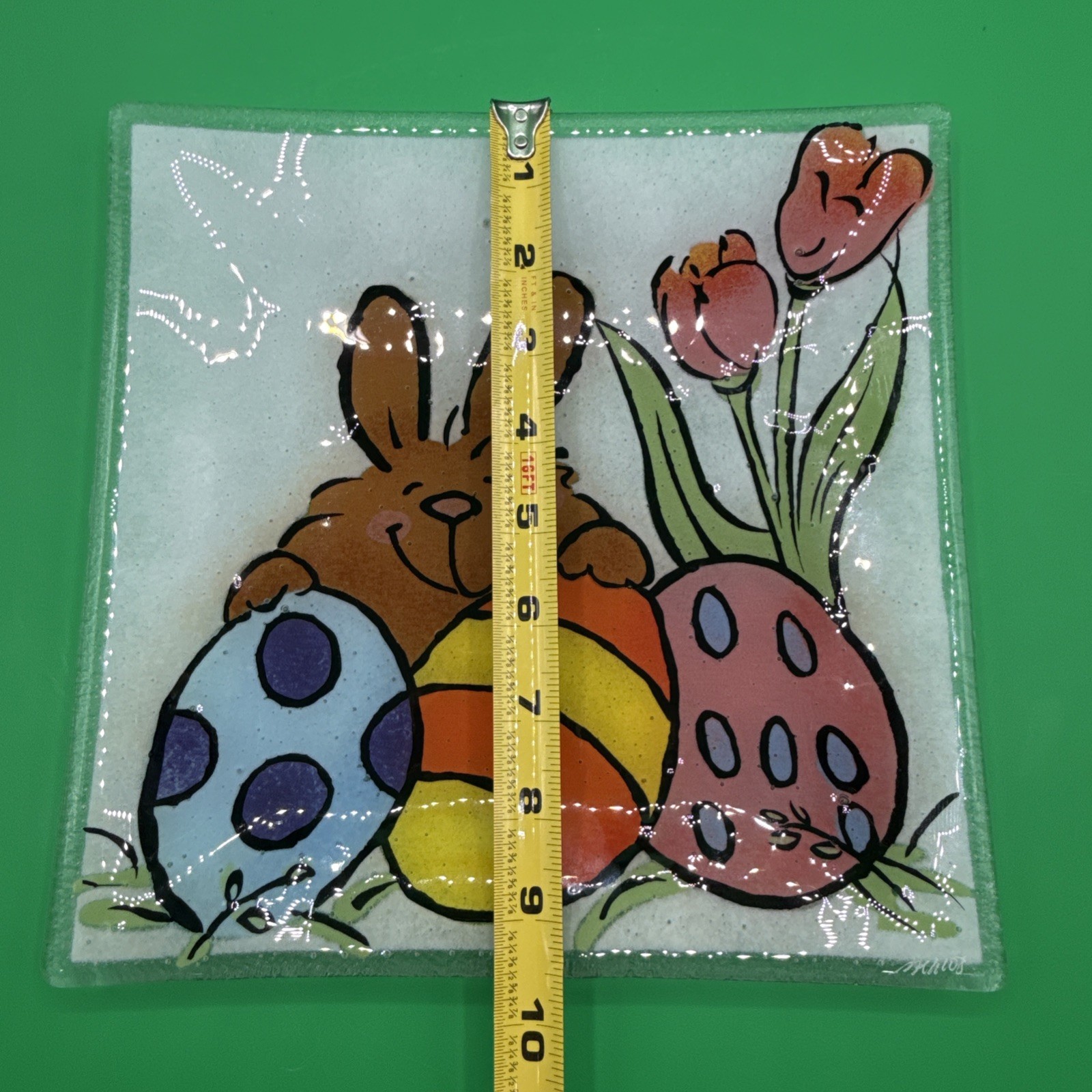 Peggy Karr 10″ Happy Easter Square Plate Fused Art glass signed Cartoon