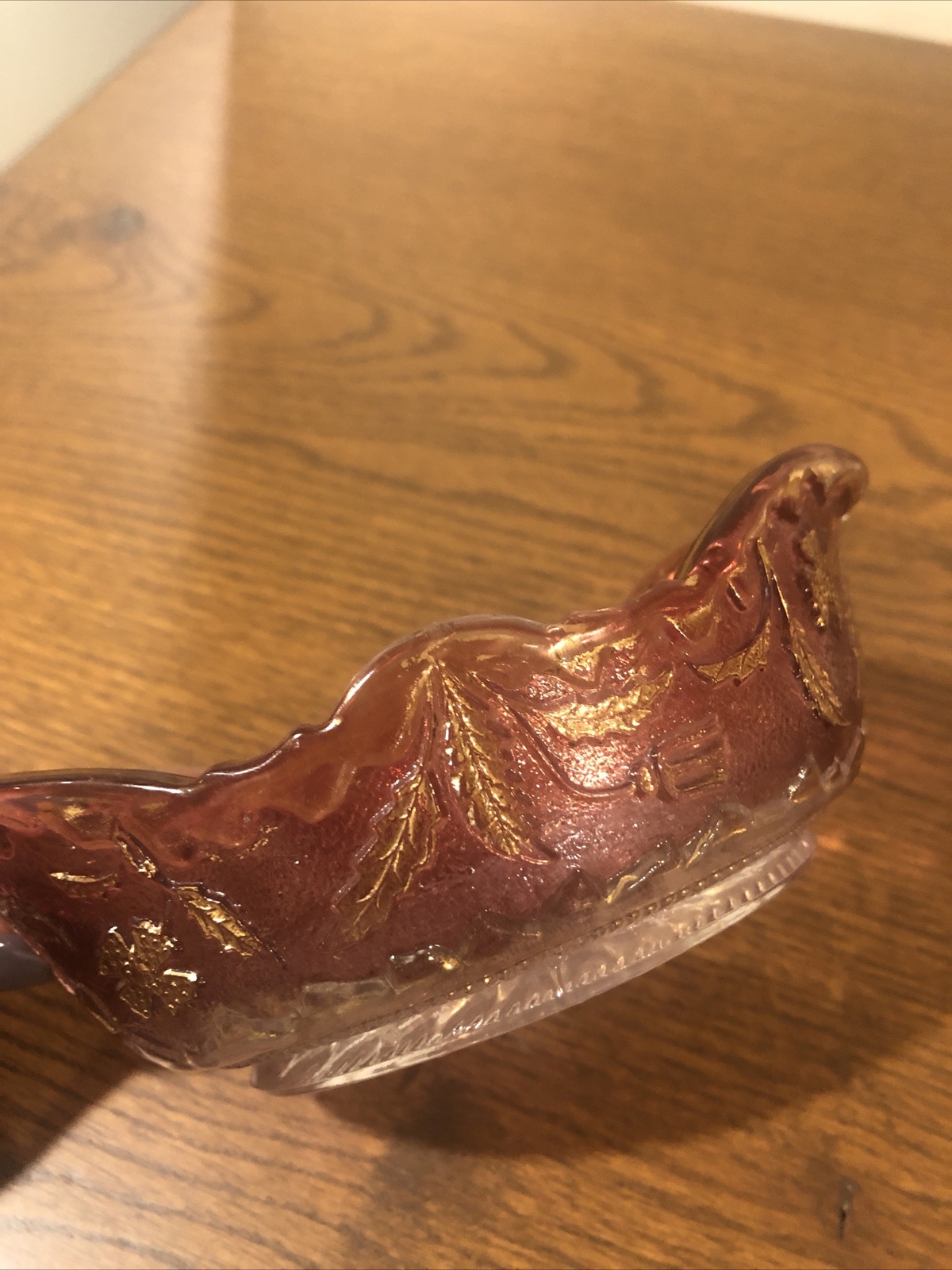 Vintage Purple Glass Bowl Floral Design with Gold Accents Oblong 5 1/2 Inches
