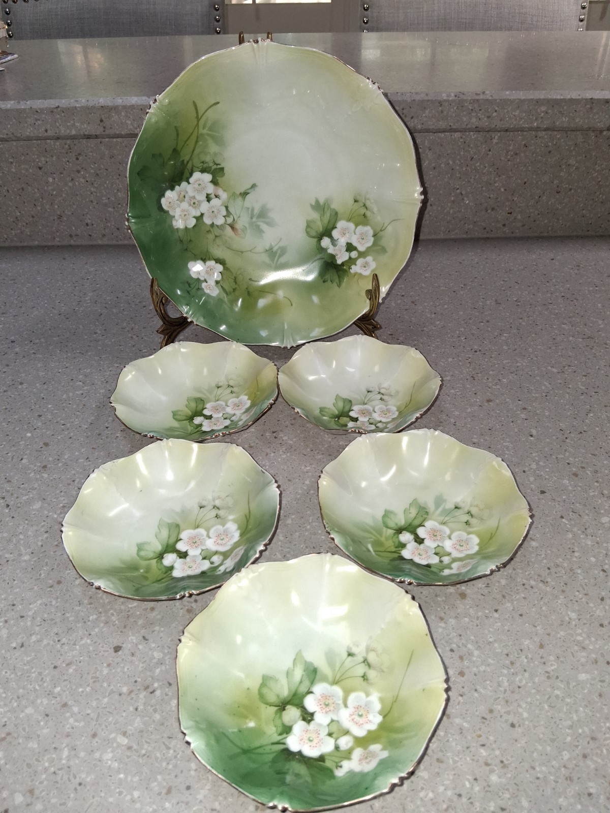 RS PRUSSIA GERMANY ANTIQUE BERRY SET (DOGWOOD PATTERN) Gorgeous patina