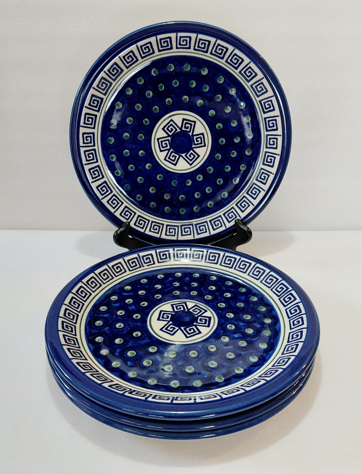 Boleslawiec Dinner Plates 11″ Greek Key Peacock Polish Pottery Blue White Set 4