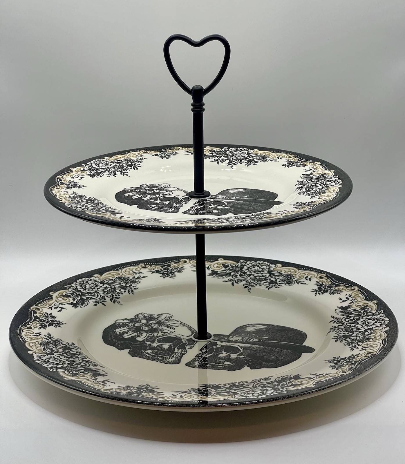 Royal Stafford Halloween Gothic Skull Couple 2 Tier Serving Tray Stand Handmade