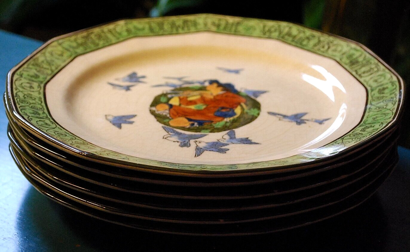 RARE Antique Set 6 Royal Doulton PIPING DOWN THE VALLEYS WILD Plates c1911 8.5″