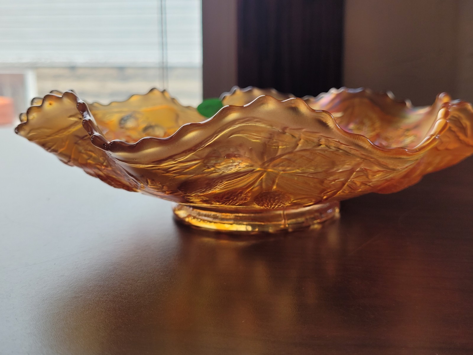 Pretty Dark Marigold Fenton Carnival Glass Peacock & Urn Pattern Bowl