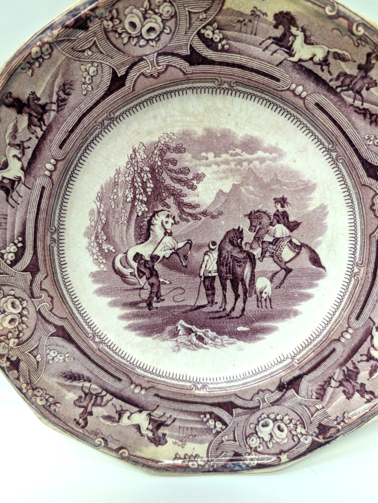 Antique Shaw’s Peruvian Horse Hunt Purple/Brown Transferware Plate Staffordshire
